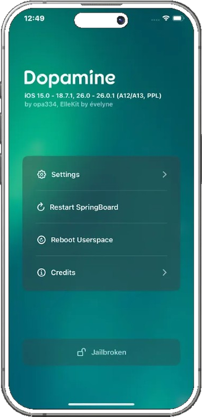 Dopamine jailbreak app showing Jailbroken status on iPhone
