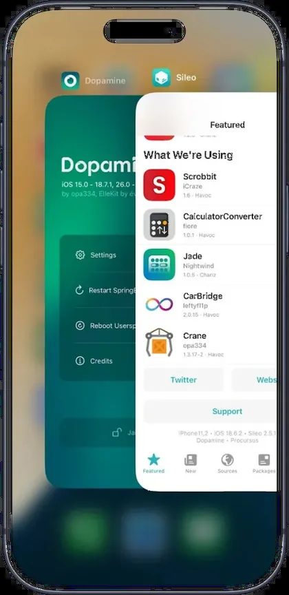 Dopamine and Sileo open on an iPhone after jailbreak